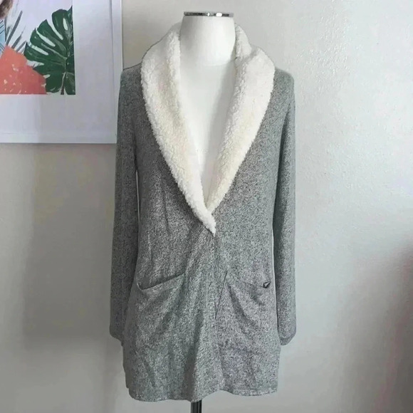 SOFT SURROUNDINGS GRAY SHERPA COLLAR SWEATER - Picture 1 of 7